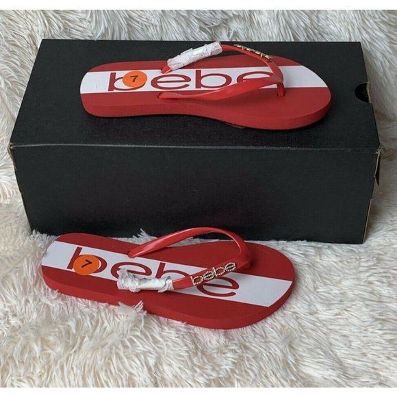 🌹Women’s Flip Flops Bebe Tierla Lightly Cushioned Footbed Size 5/6 Red/ White - Picture 1 of 12